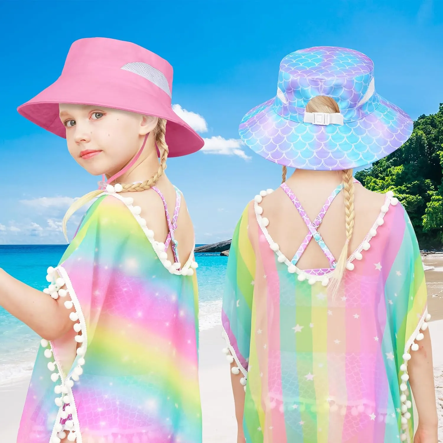2pcs Kids Sun Hat for Girls Toddler Kids Bucket UV Protection Wide Brim Unicorn Beach Fishing Hat for Girls