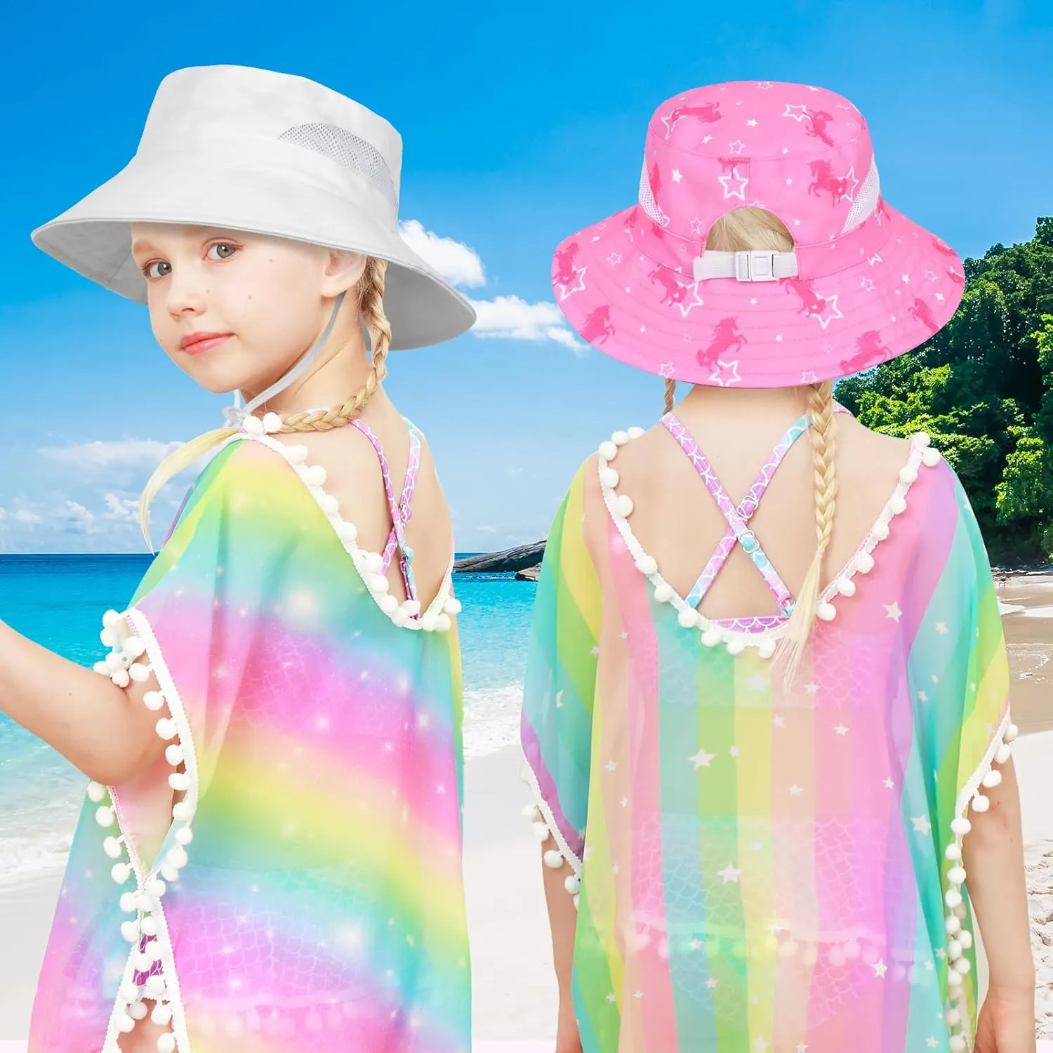 2pcs Kids Sun Hat for Girls Toddler Kids Bucket UV Protection Wide Brim Unicorn Beach Fishing Hat for Girls