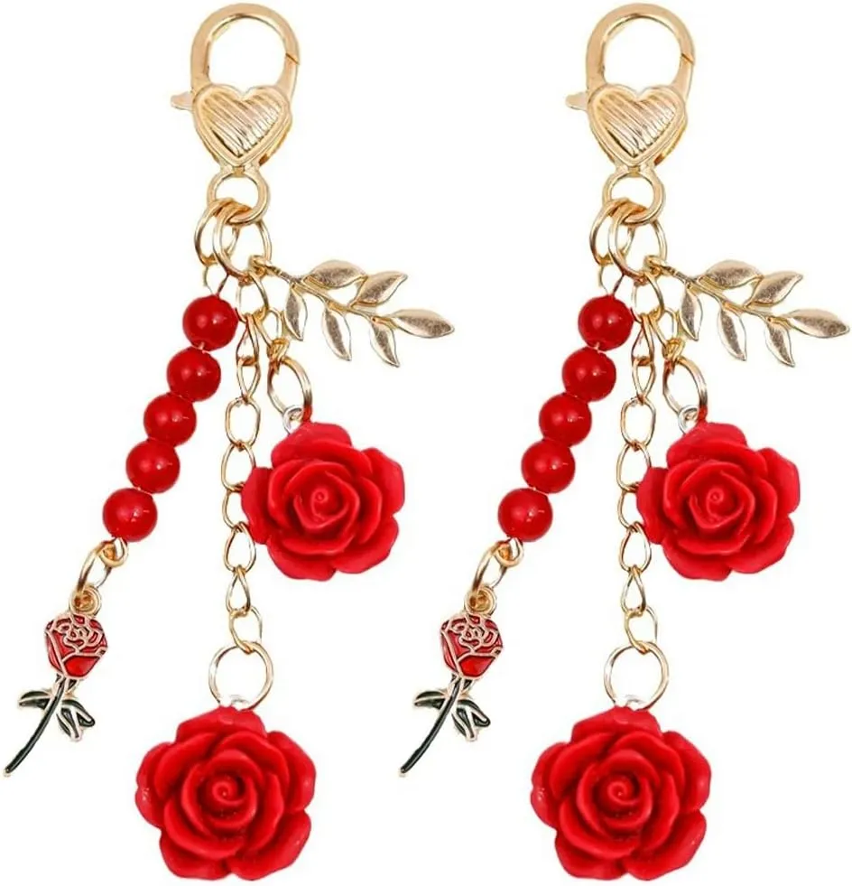 2Pcs Purse Charm Rose Keychain Camellia Flower Pendent Tassel Chain Car Key Rings Decor Accessories for Women