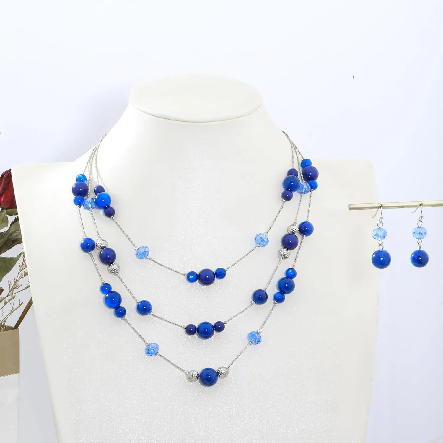 3 Layered Handmade Beads Necklaces 18-23 Dainty Chain Illusion Statement Necklaces Set Multi Color Boho Choker Necklace and Earrings Set Gifts