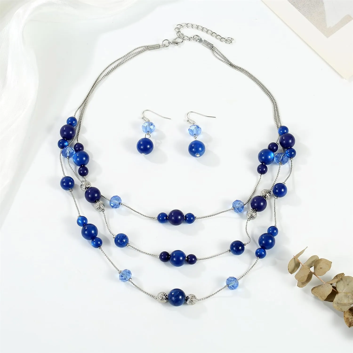 3 Layered Handmade Beads Necklaces 18-23 Dainty Chain Illusion Statement Necklaces Set Multi Color Boho Choker Necklace and Earrings Set Gifts