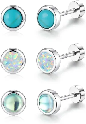 3 Pair 925 Sterling Silver Flat Back Moonstone Turquoise Stud Earrings for Women Cartilage Earrings Set Jewelry Gifts