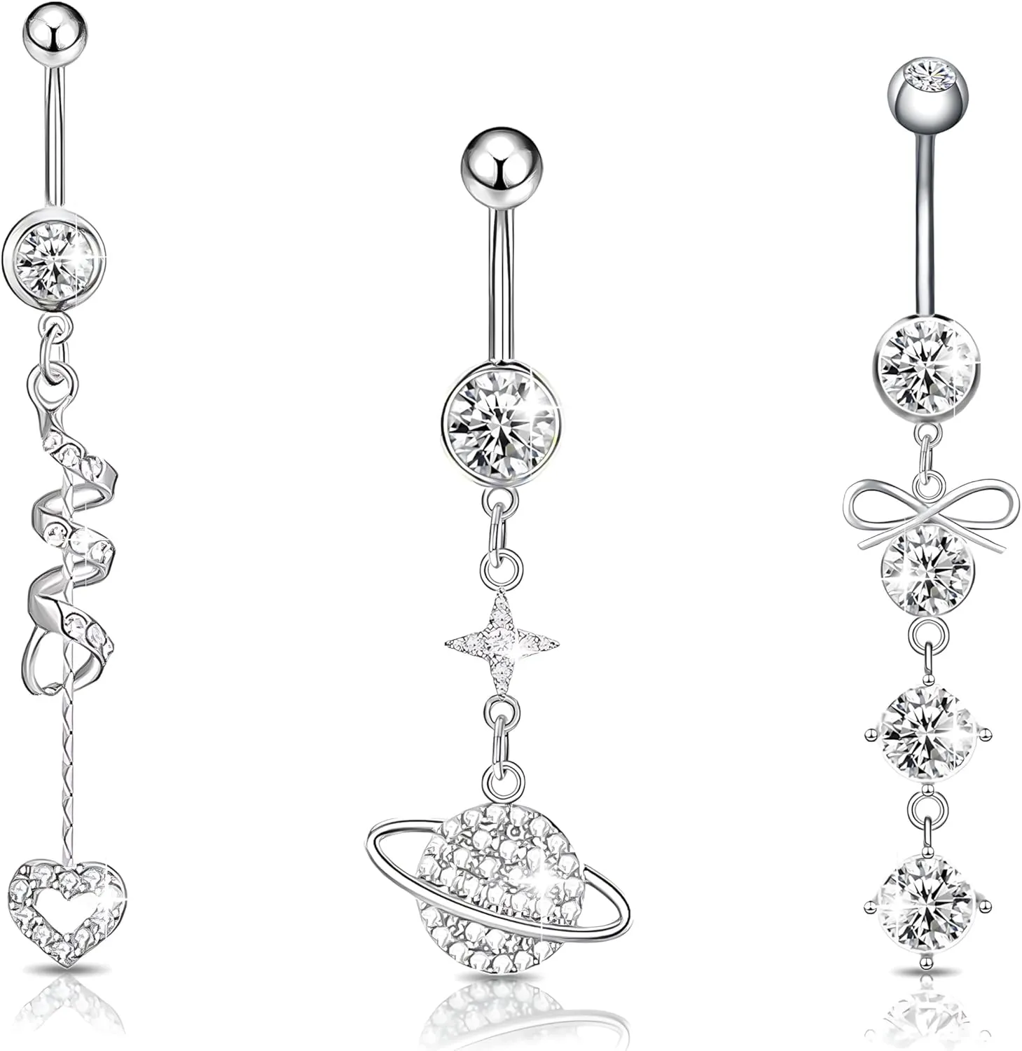 3 Pcs Belly Button Ring 14G Belly Rings Stainless Surgical Steel Reverse Belly Button Rings Set Piercing Belly Ring Diamond Navel Piercing Jewelry