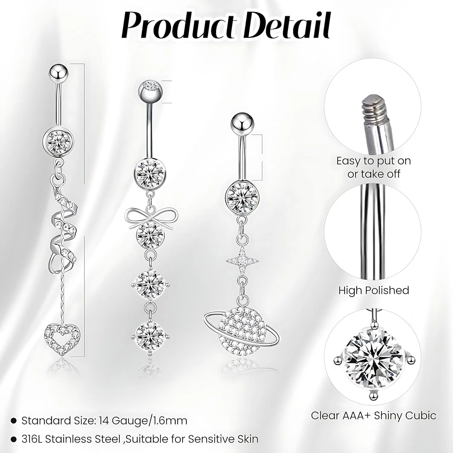 3 Pcs Belly Button Ring 14G Belly Rings Stainless Surgical Steel Reverse Belly Button Rings Set Piercing Belly Ring Diamond Navel Piercing Jewelry