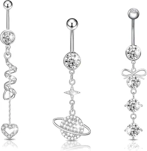 3 Pcs Belly Button Ring 14G Belly Rings Stainless Surgical Steel Reverse Belly Button Rings Set Piercing Belly Ring Diamond Navel Piercing Jewelry