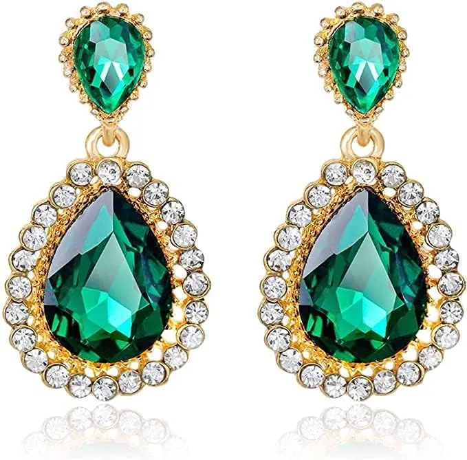3.00Ct Pear Cut Emerald & Diamond Drop Dangle Teardrop Earrings For Women's 14K Yellow Gold Plated