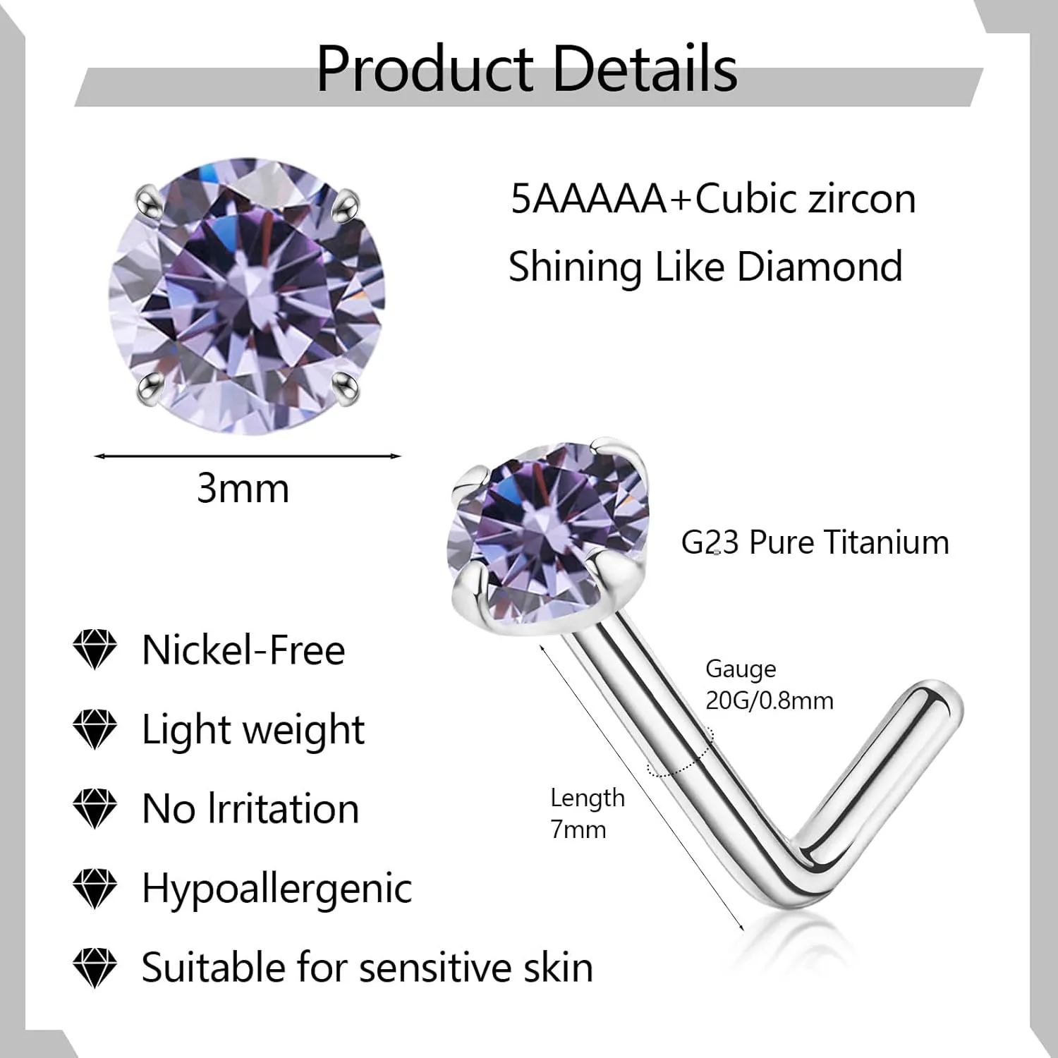 3mm Birthstone Nose Stud 20g Round Tiny CZ Nose Piercing Jewelry For Women Men, S925 Silver Hypoallergenic Nose Stud, L Shaped Handmade Nose Rings (Silver, Sep Sapphire)