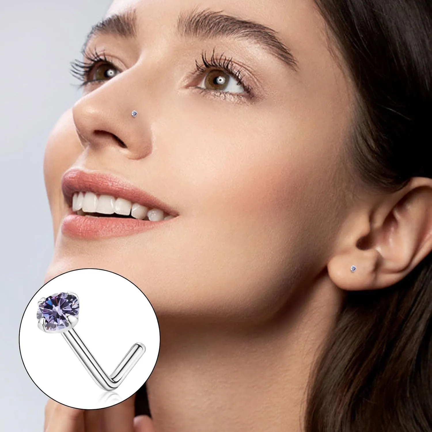 3mm Birthstone Nose Stud 20g Round Tiny CZ Nose Piercing Jewelry For Women Men, S925 Silver Hypoallergenic Nose Stud, L Shaped Handmade Nose Rings (Silver, Sep Sapphire)