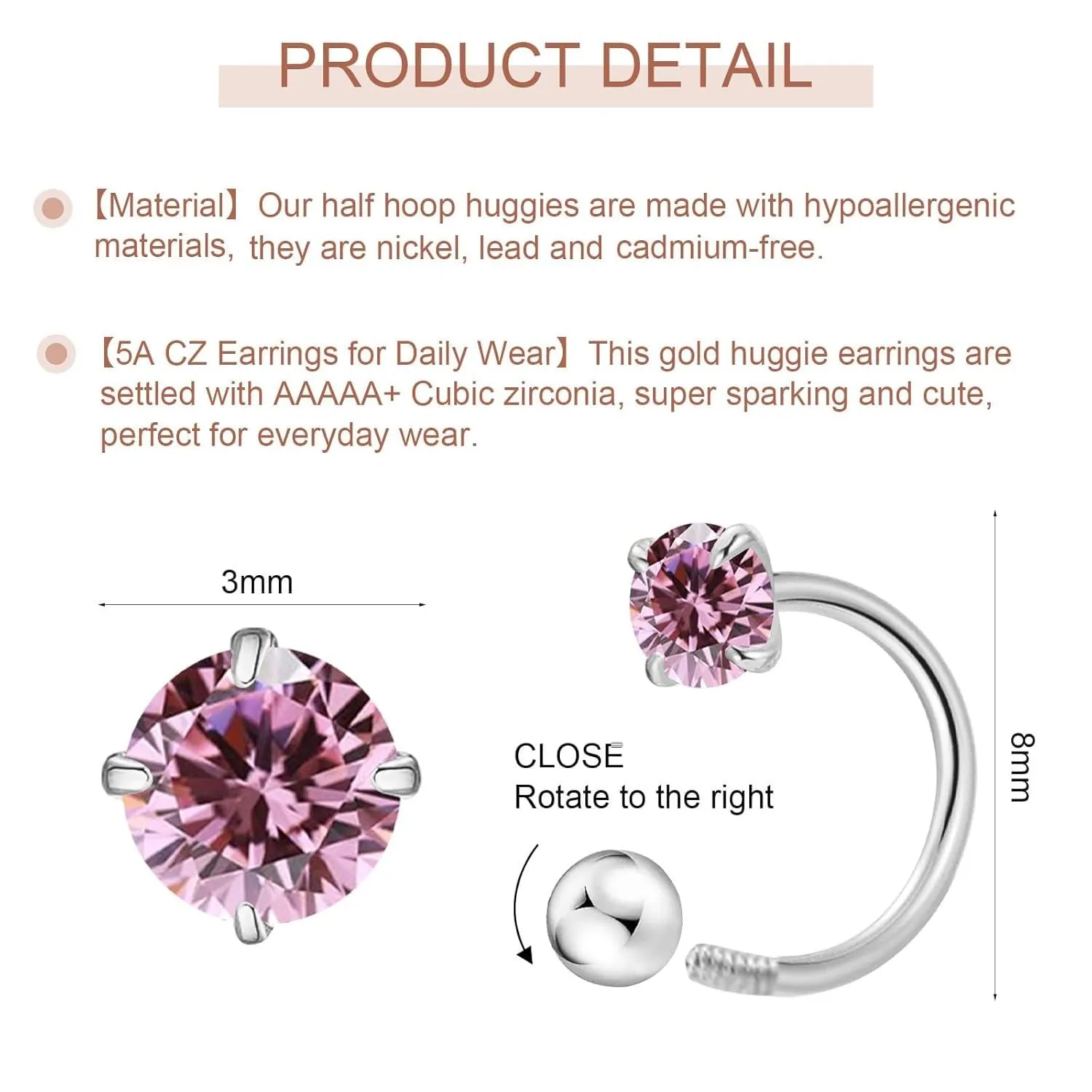 3mm Small Huggie Half Hoop Earrings for Women Men Girls Hypoallergenic Minimalist Tiny Cartilage Stud Earrings with Ball Screw Back Dainty Colored CZ Earrings Jewelry Gift(Red,Gold)