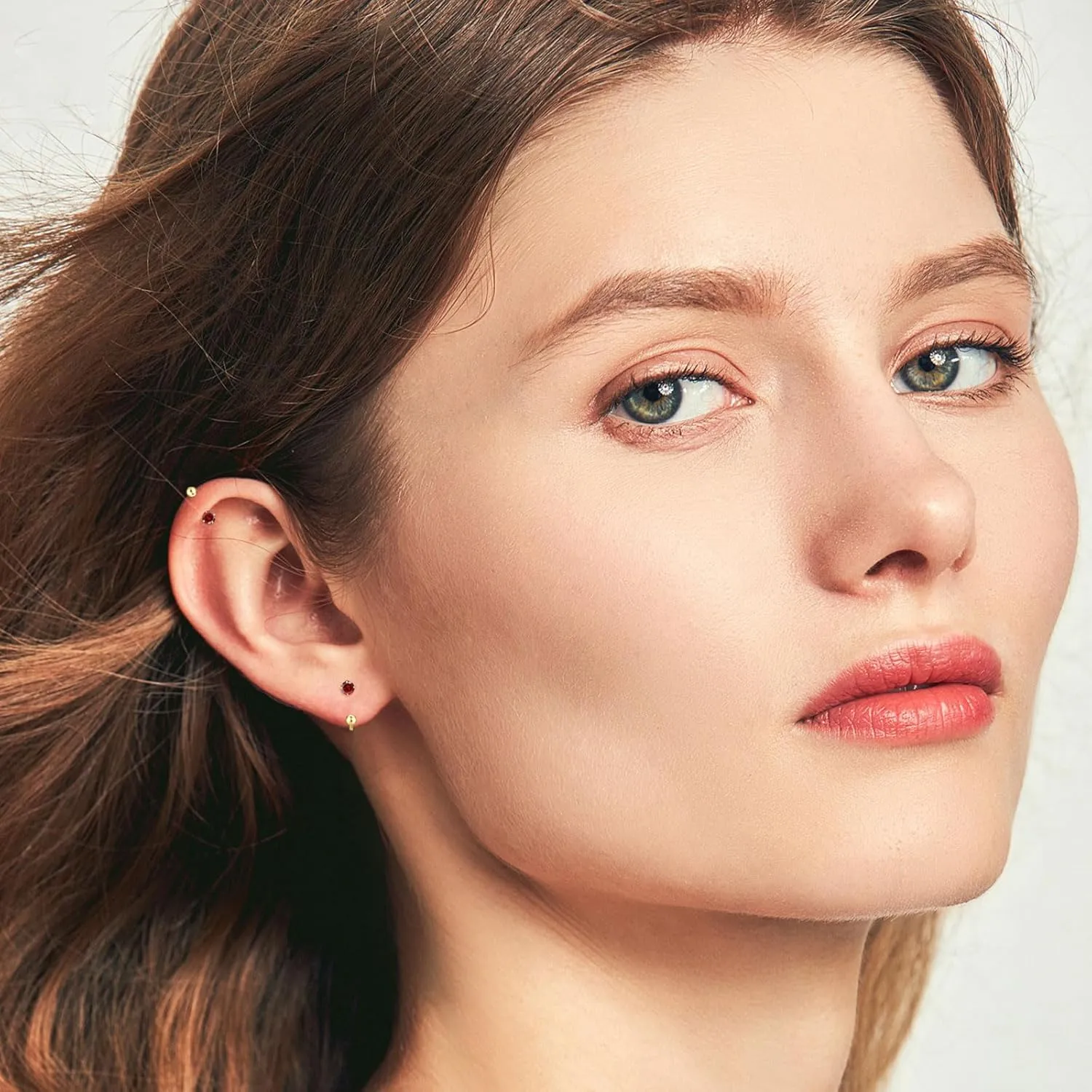 3mm Small Huggie Half Hoop Earrings for Women Men Girls Hypoallergenic Minimalist Tiny Cartilage Stud Earrings with Ball Screw Back Dainty Colored CZ Earrings Jewelry Gift(Red,Gold)