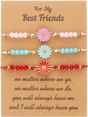 3Pcs Colorful Daisy Flower Beaded Charm Bracelets With Wish Card Bohemian Adjustable Sunflower Strand Bracelets Best Friend Bracelets for Women Men Friendship Jewelry Gifts