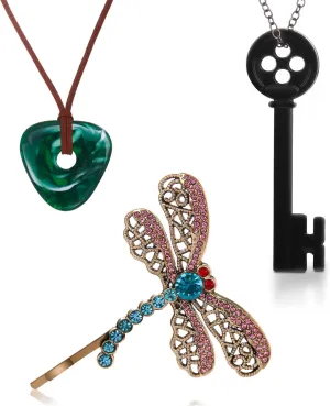 3PCS Coraline Accessories Coraline Necklaces|Key Necklaces|Dragonfly Hair Clip for Women Men, Coraline Jewelry for Halloween Costume Cosplay Movie Props Dress Up