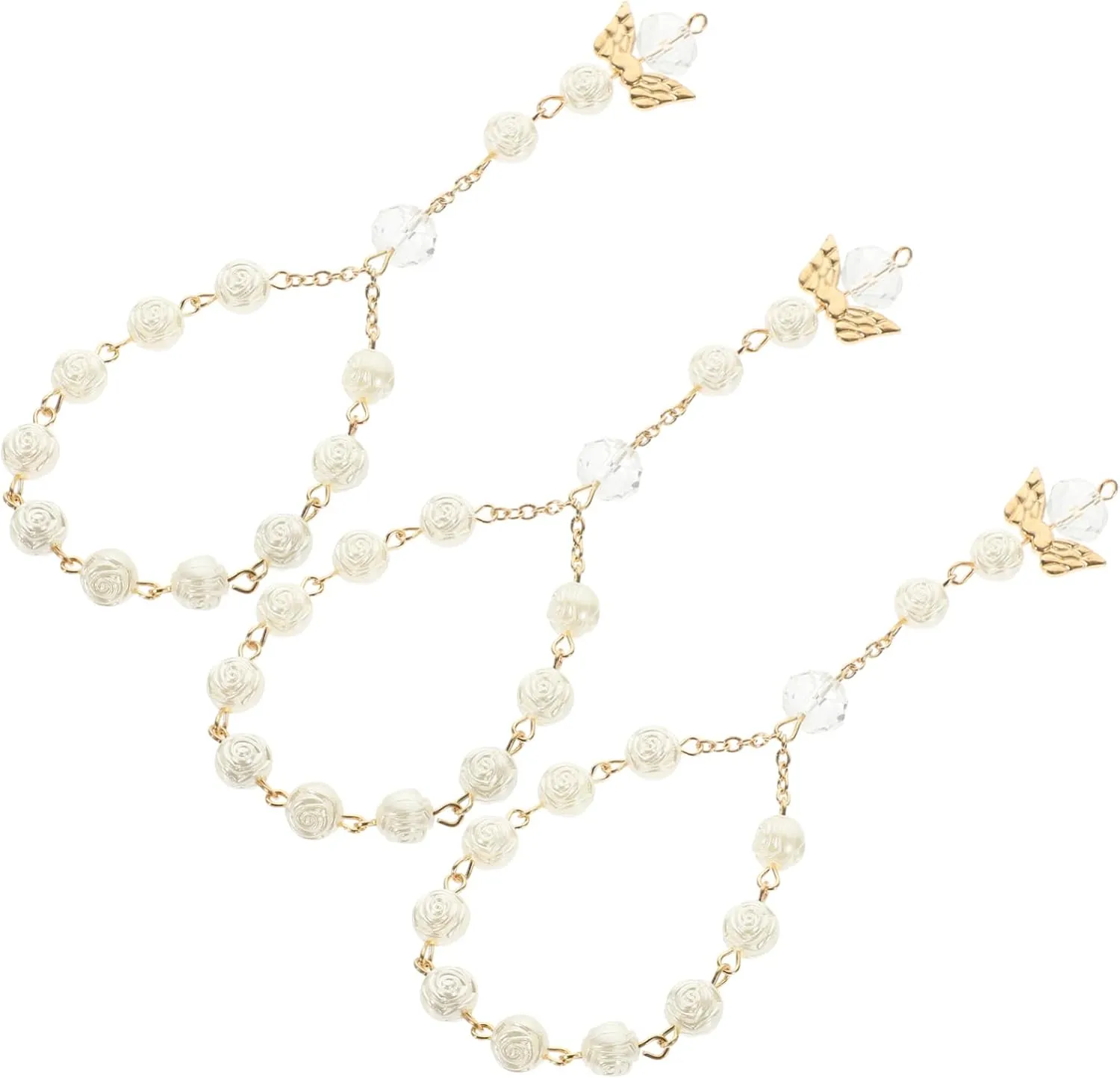 3Pcs Rose Beads Prayer Bracelet with Angel Wing Pendant Lightweight Religious Rosary String for Women for Worship and Daily Wear