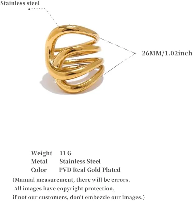 4-in-1 Chunky Interlocked Band Statement Rings for Women, 18K Gold/Silver Plated Crossover Multi-Band Stackable Rings, Non Tarnish Waterproof Fashion Gold Jewelry, Size 6 7 8 9