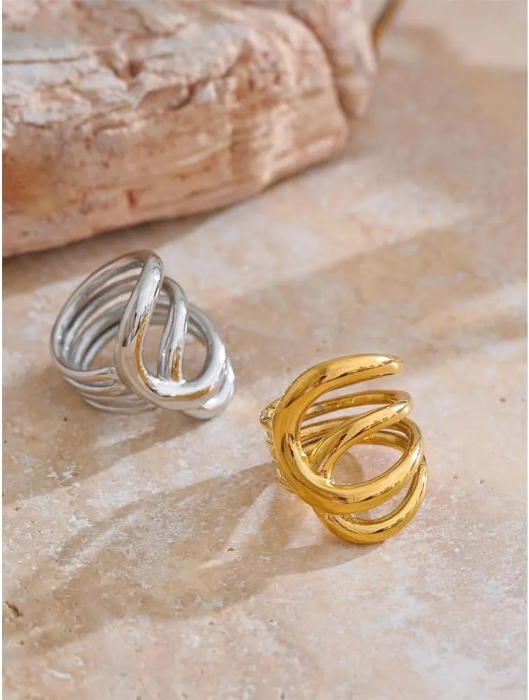 4-in-1 Chunky Interlocked Band Statement Rings for Women, 18K Gold/Silver Plated Crossover Multi-Band Stackable Rings, Non Tarnish Waterproof Fashion Gold Jewelry, Size 6 7 8 9