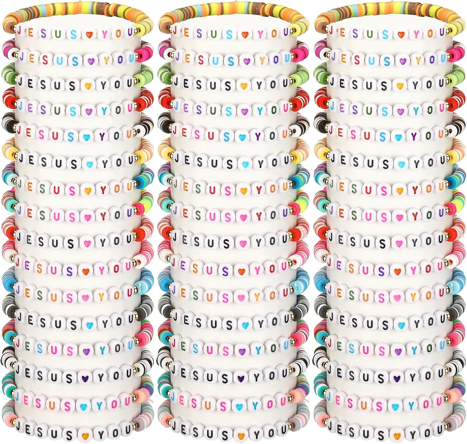 48 Pcs Bracelets Jesus You Bracelets Handmade Elastic Beaded Bracelets Colorful Layered Cross Bracelets Inspirational Religious Reminder Jewelry Gift for Her (Heart)