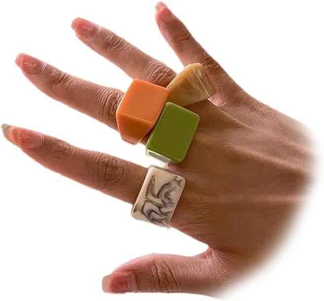 4Pcs Chunky Acrylic Wide Band Rings Stackable for Women Trendy, Unique Colorful Thick Plastic Square Ring Set Stack Knuckle Finger Y2K Party Jewelry Gift