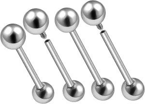 4Pcs Internally Threaded Surgical Steel 14 gauge 1.6mm 16mm 19mm Tongue Barbell Piercing Jewelry Nipple Two 6mm Ball M2810