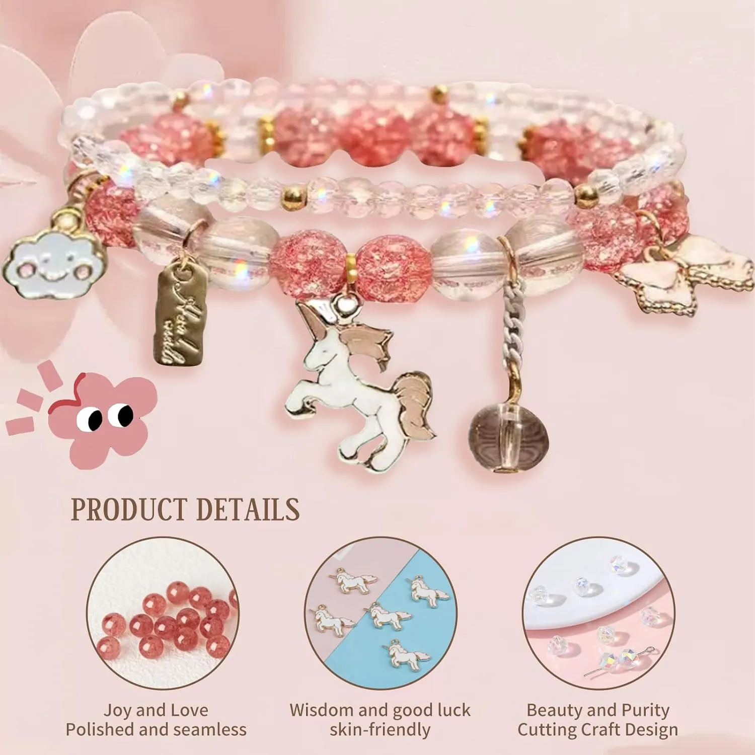5-13 Year Old Girl Birthday Gifts, 3PCS Cute Unicorn Bracelets Set with Necklace Birthday Bracelets Charm Bracelets Pink Crystal Bead Elastic Bracelets Birthday Christmas Jewelry Present for Daughter Niece Granddaughter Girl