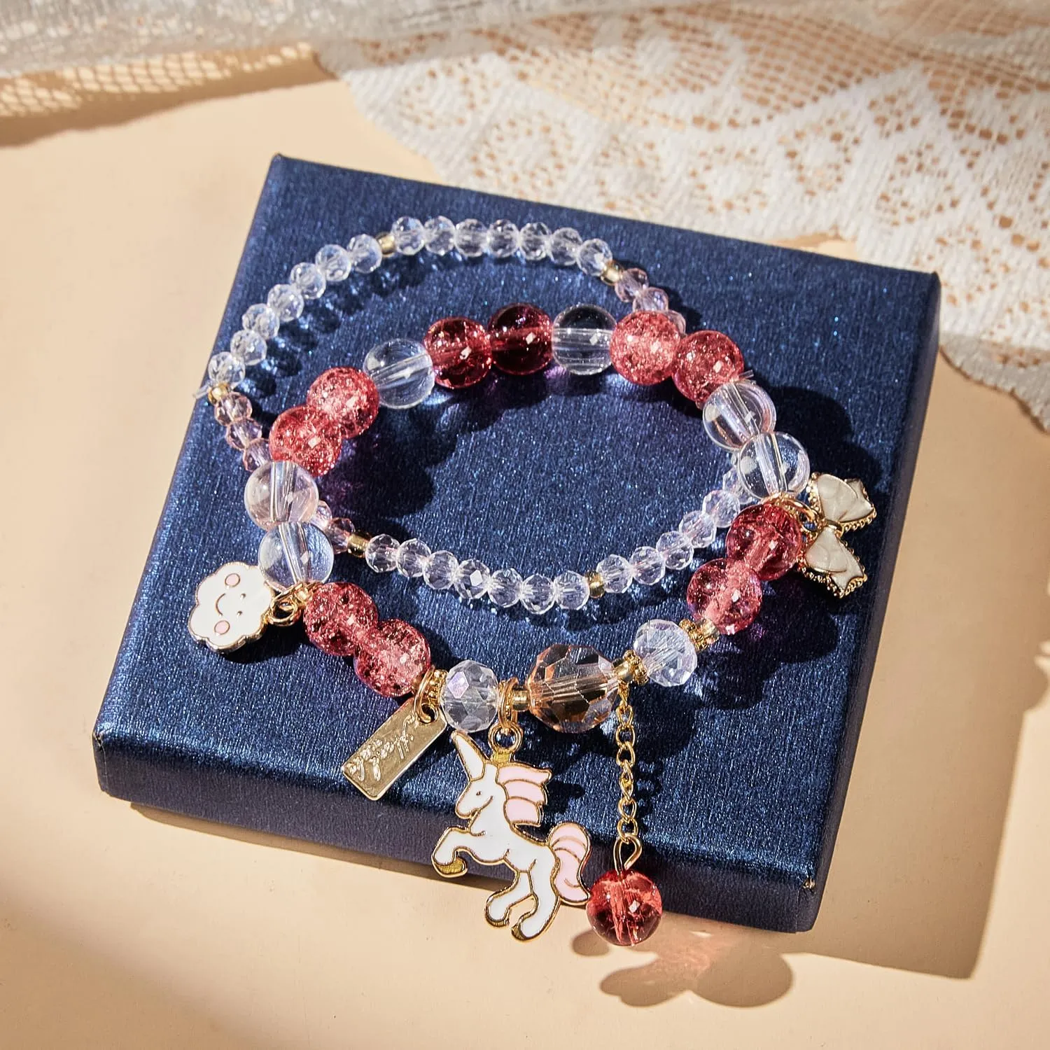 5-13 Year Old Girl Birthday Gifts, 3PCS Cute Unicorn Bracelets Set with Necklace Birthday Bracelets Charm Bracelets Pink Crystal Bead Elastic Bracelets Birthday Christmas Jewelry Present for Daughter Niece Granddaughter Girl