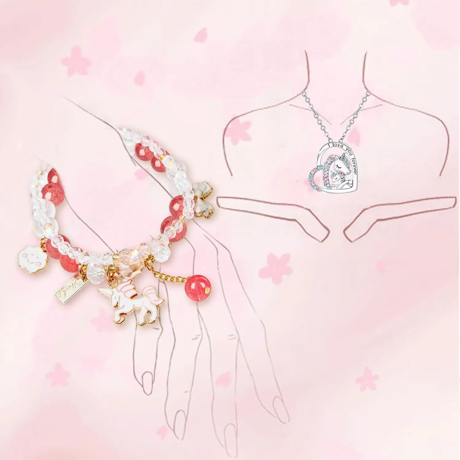 5-13 Year Old Girl Birthday Gifts, 3PCS Cute Unicorn Bracelets Set with Necklace Birthday Bracelets Charm Bracelets Pink Crystal Bead Elastic Bracelets Birthday Christmas Jewelry Present for Daughter Niece Granddaughter Girl