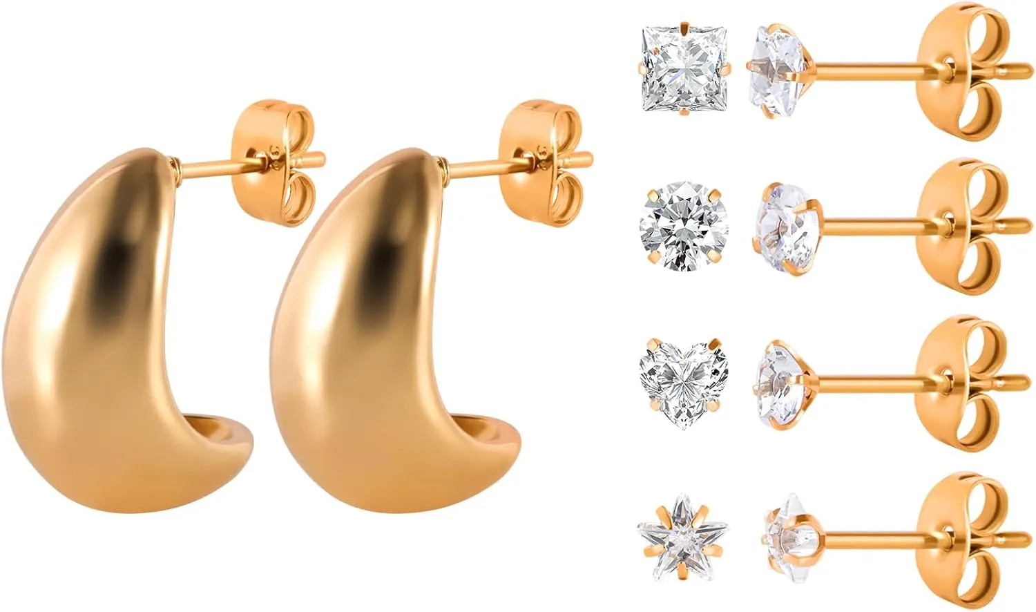 5 Pairs 18K Gold Plated Surgical Stainless Steel Stud Earring, Teardrop Banana Heart Star Square Round Cubic Zirconia CZ Stud Earrings for Multiple Piercing