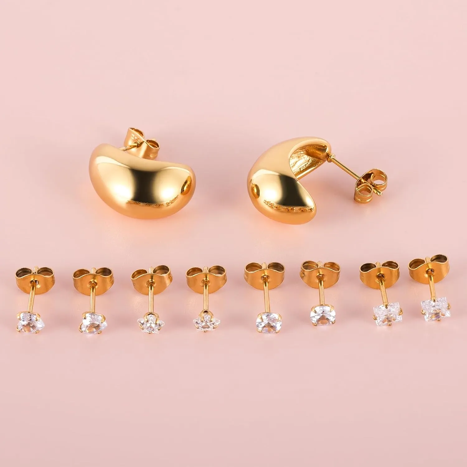 5 Pairs 18K Gold Plated Surgical Stainless Steel Stud Earring, Teardrop Banana Heart Star Square Round Cubic Zirconia CZ Stud Earrings for Multiple Piercing