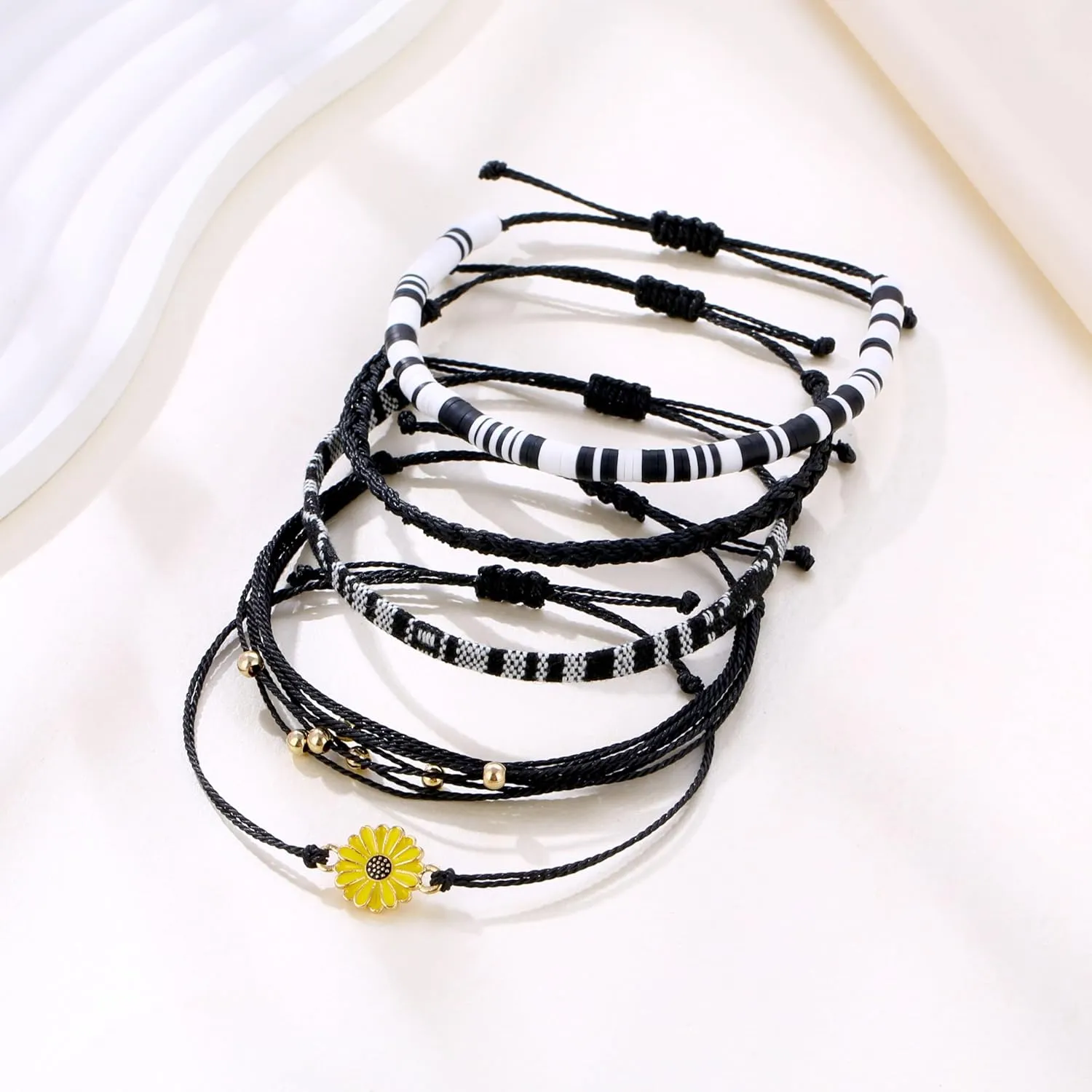 5Pcs Bohemia Sunflower String Bracelets Anklets Handmade Adjustable Braided Waterproof Sunflower Charms Beaded Bracelets Friendship Rope Bracelets for Women Men Summer Surfer Jewelry Gifts