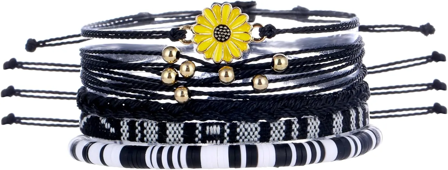 5Pcs Bohemia Sunflower String Bracelets Anklets Handmade Adjustable Braided Waterproof Sunflower Charms Beaded Bracelets Friendship Rope Bracelets for Women Men Summer Surfer Jewelry Gifts