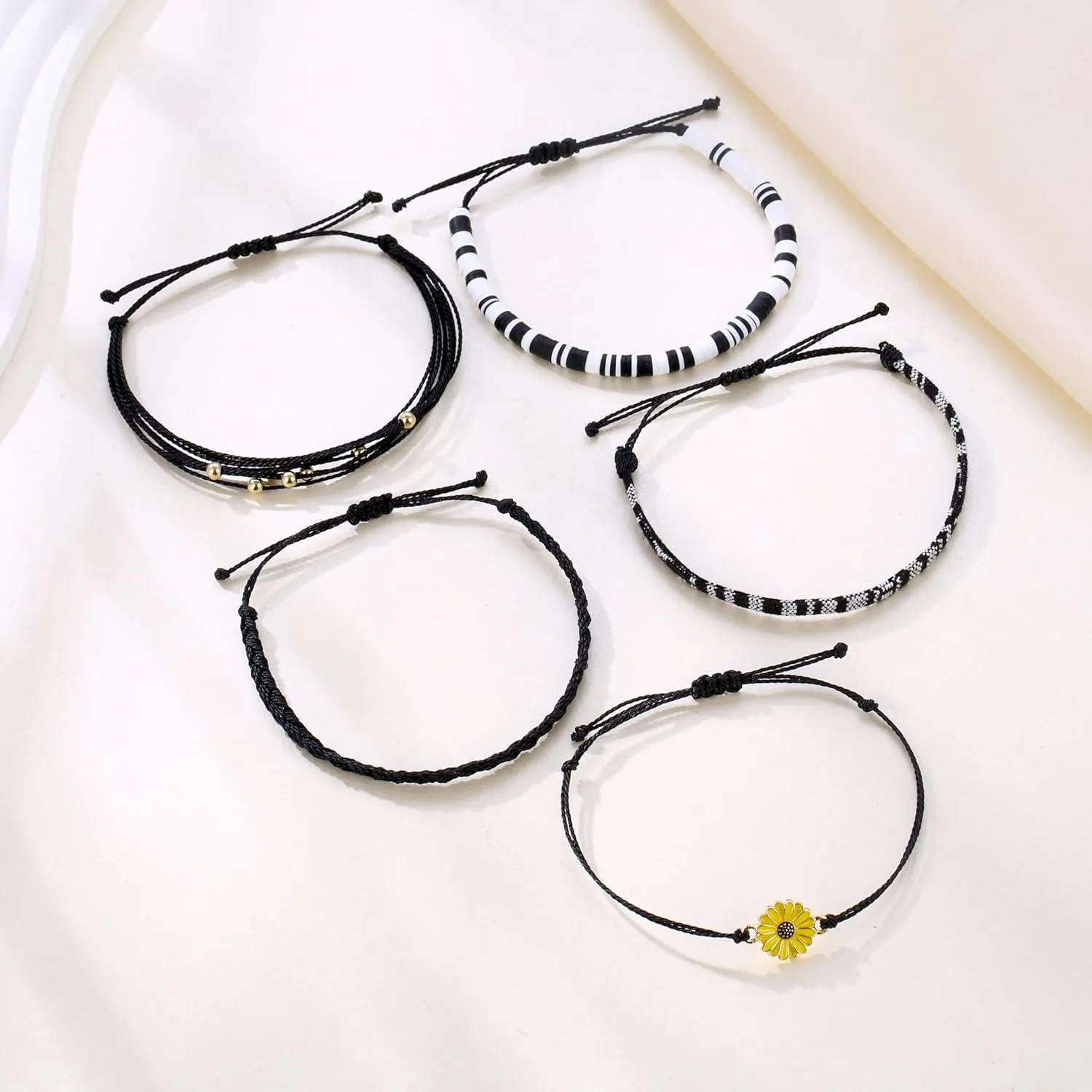 5Pcs Bohemia Sunflower String Bracelets Anklets Handmade Adjustable Braided Waterproof Sunflower Charms Beaded Bracelets Friendship Rope Bracelets for Women Men Summer Surfer Jewelry Gifts