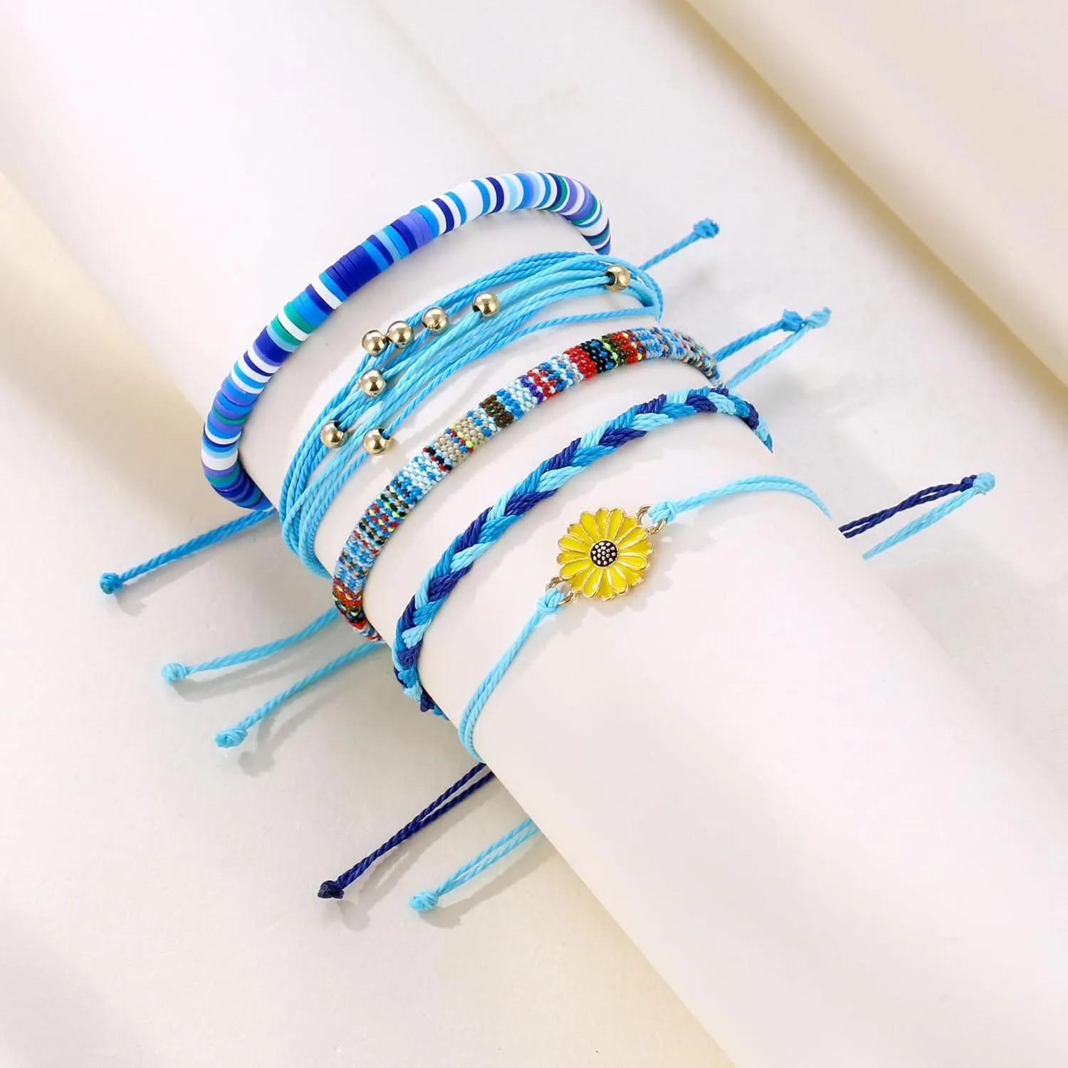 5Pcs Bohemia Sunflower String Bracelets Anklets Handmade Adjustable Braided Waterproof Sunflower Charms Beaded Bracelets Friendship Rope Bracelets for Women Men Summer Surfer Jewelry Gifts