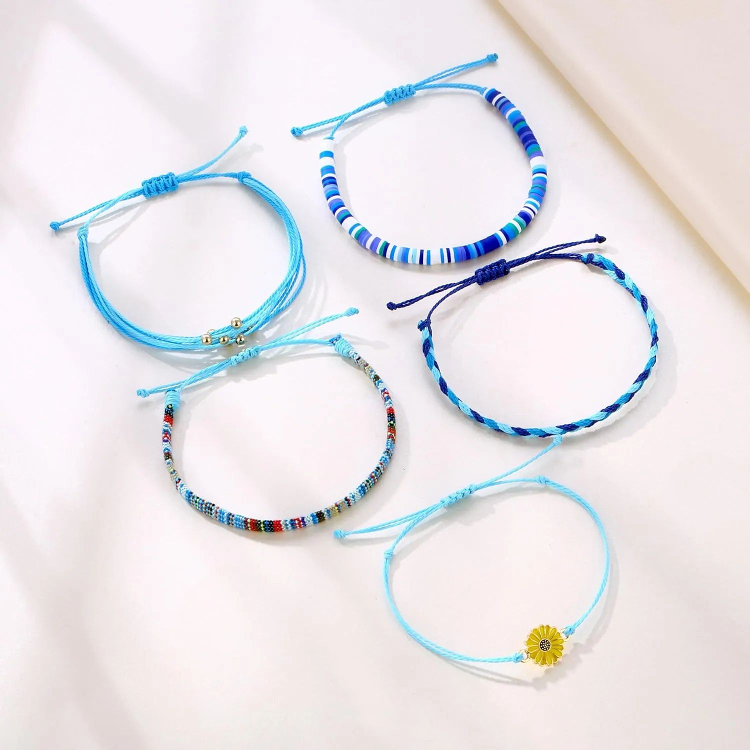 5Pcs Bohemia Sunflower String Bracelets Anklets Handmade Adjustable Braided Waterproof Sunflower Charms Beaded Bracelets Friendship Rope Bracelets for Women Men Summer Surfer Jewelry Gifts