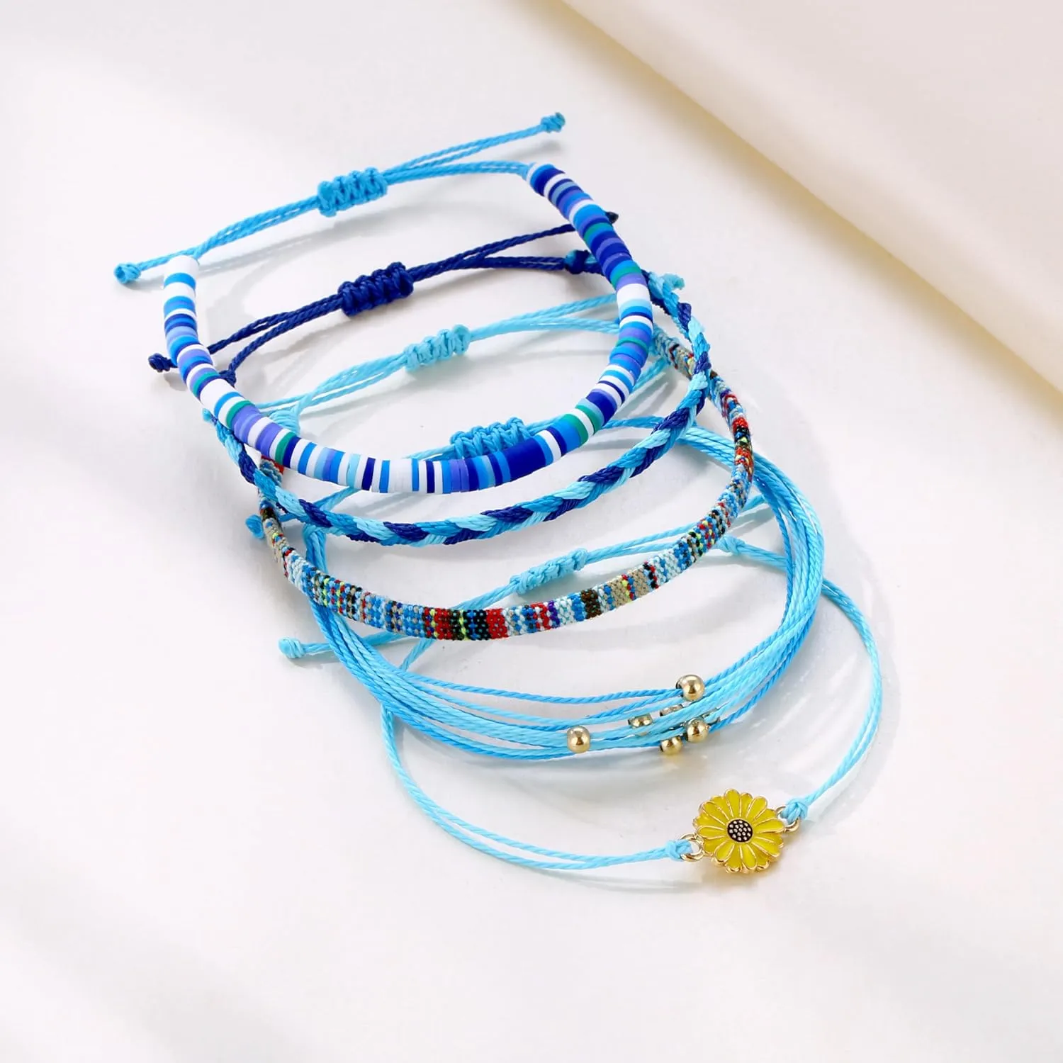 5Pcs Bohemia Sunflower String Bracelets Anklets Handmade Adjustable Braided Waterproof Sunflower Charms Beaded Bracelets Friendship Rope Bracelets for Women Men Summer Surfer Jewelry Gifts