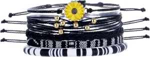 5Pcs Bohemia Sunflower String Bracelets Anklets Handmade Adjustable Braided Waterproof Sunflower Charms Beaded Bracelets Friendship Rope Bracelets for Women Men Summer Surfer Jewelry Gifts