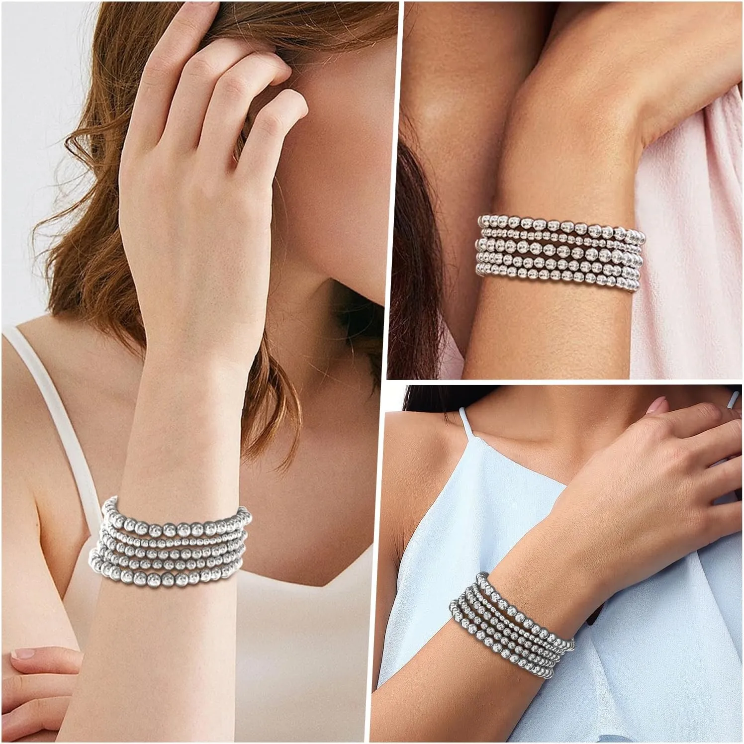 5Pcs Gold Beaded Bracelets 14K Gold Bracelets for Women Bracelet Stack Trendy Stretch Bead Bracelets Silver Bead Bracelet Dainty Jewelry for Women