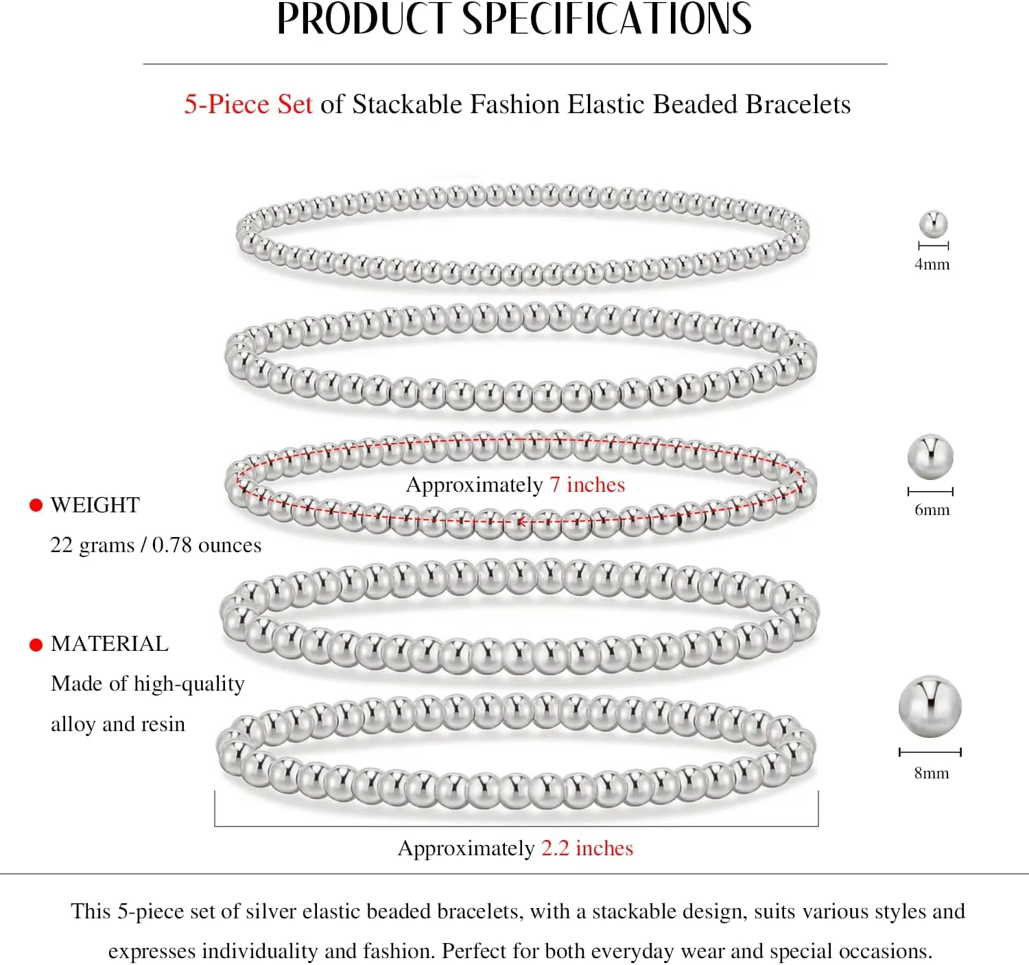5Pcs Gold Beaded Bracelets 14K Gold Bracelets for Women Bracelet Stack Trendy Stretch Bead Bracelets Silver Bead Bracelet Dainty Jewelry for Women