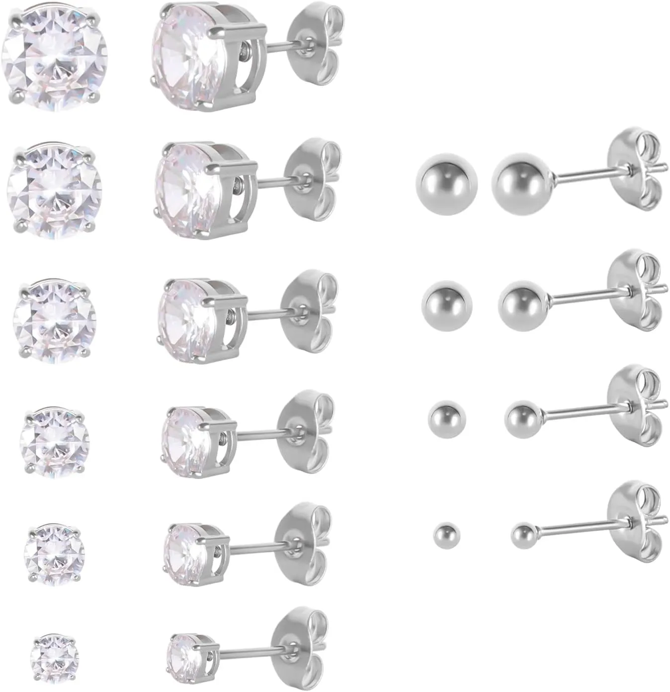 6 Pairs Surgical Stainless Steel Cubic Zirconia Stud Earrings Set, 18K Gold Plated Round Square Princess Cut Clear CZ Stud Earrings for Women