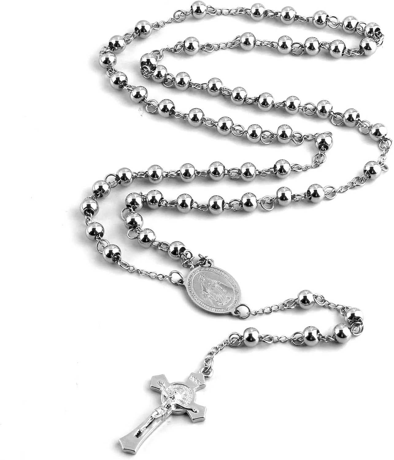 6mm Beads Stainless Steel Saint Benedict and Crucifix Cross Pendant Rosary Necklace with Gift Box