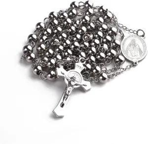 6mm Beads Stainless Steel Saint Benedict and Crucifix Cross Pendant Rosary Necklace with Gift Box