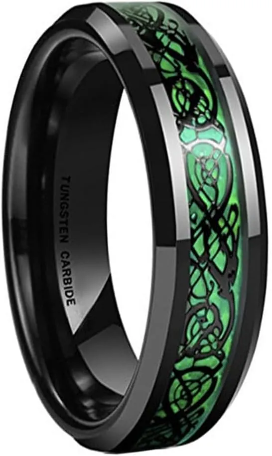 (6mm) Unisex or Women's Celtic Knot Black with Green Resin Inlay Tungsten Carbide Wedding Ring Band. One Year Warranty Included.
