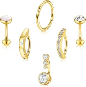 6Pcs Belly Button Rings Silver/Gold Plated Belly Rings Surgical Stainless Steel CZ Clicker Belly Button Piercings for Women