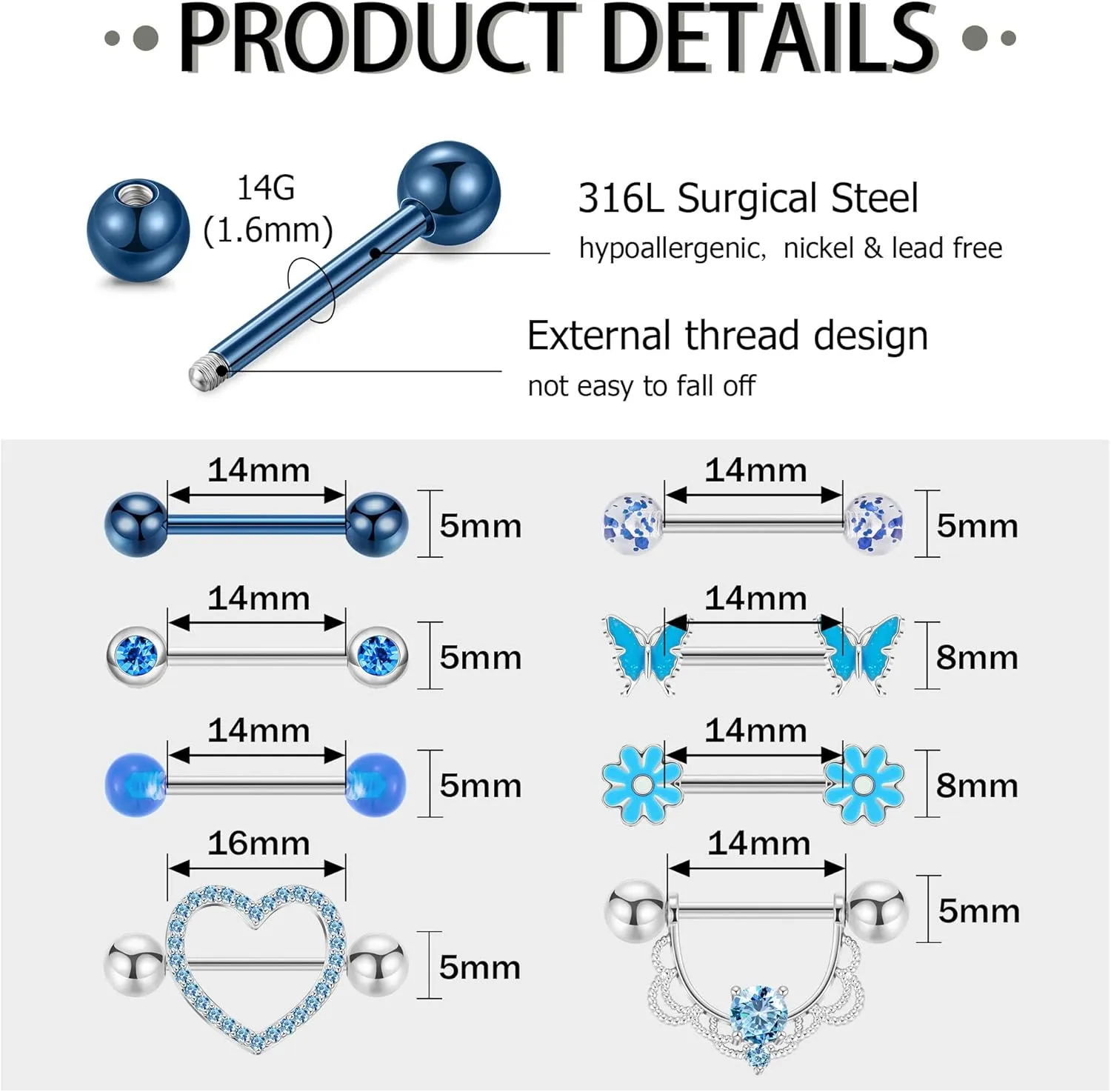 8 Pairs 14G Surgical Steel Nipple Rings for Women - Heart, Butterfly, Flower CZ Barbell Piercing Jewelry