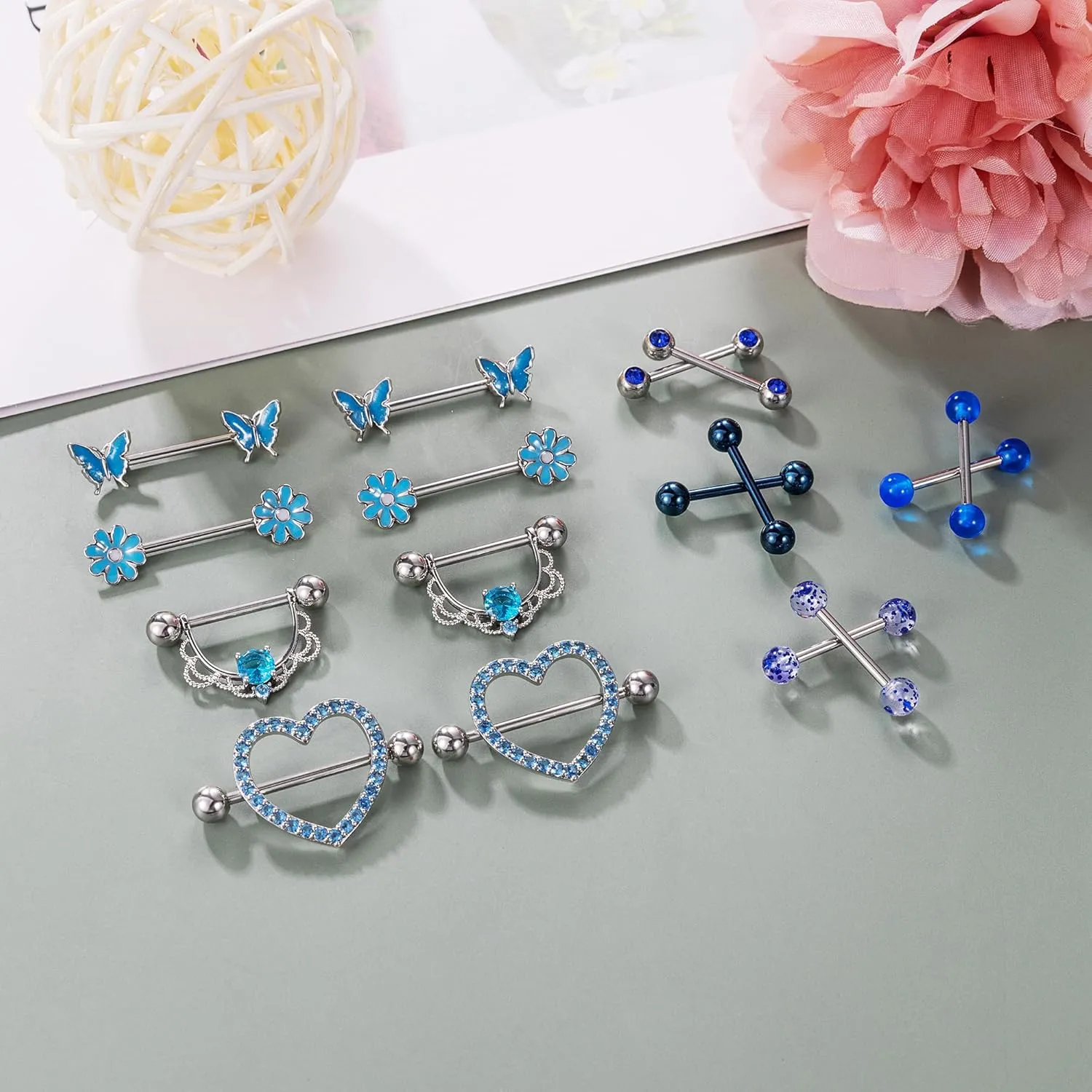 8 Pairs 14G Surgical Steel Nipple Rings for Women - Heart, Butterfly, Flower CZ Barbell Piercing Jewelry