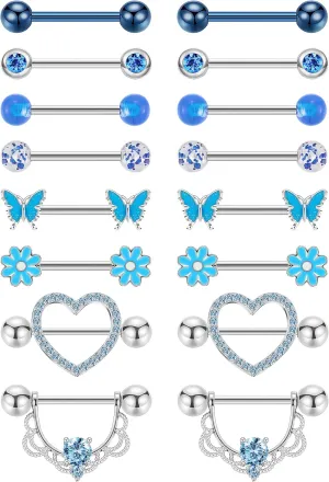 8 Pairs 14G Surgical Steel Nipple Rings for Women - Heart, Butterfly, Flower CZ Barbell Piercing Jewelry