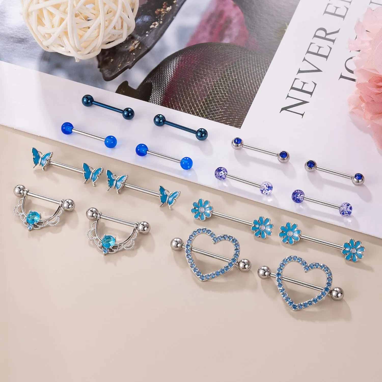 8 Pairs 14G Surgical Steel Nipple Rings for Women - Heart, Butterfly, Flower CZ Barbell Piercing Jewelry