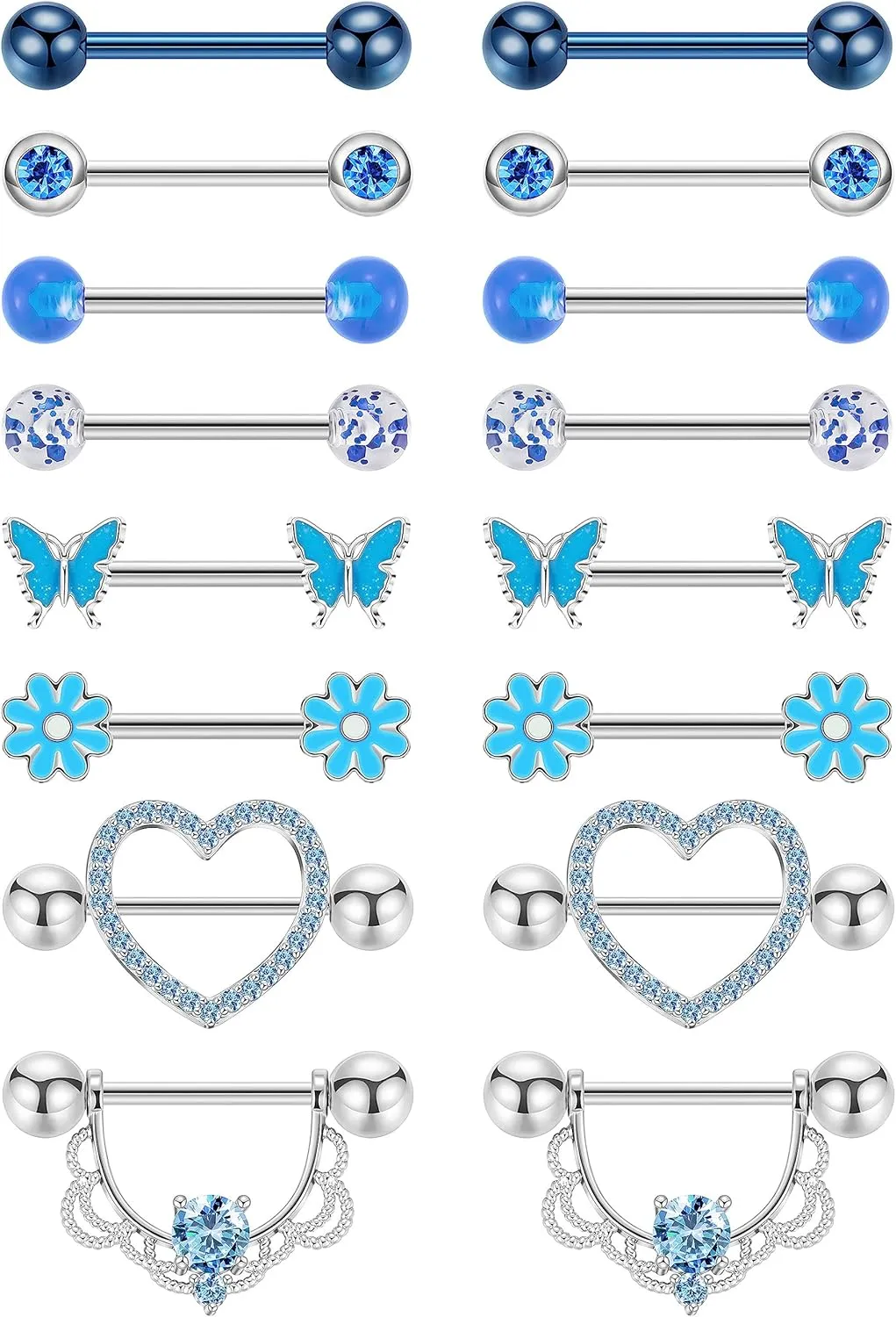 8 Pairs 14G Surgical Steel Nipple Rings for Women - Heart, Butterfly, Flower CZ Barbell Piercing Jewelry