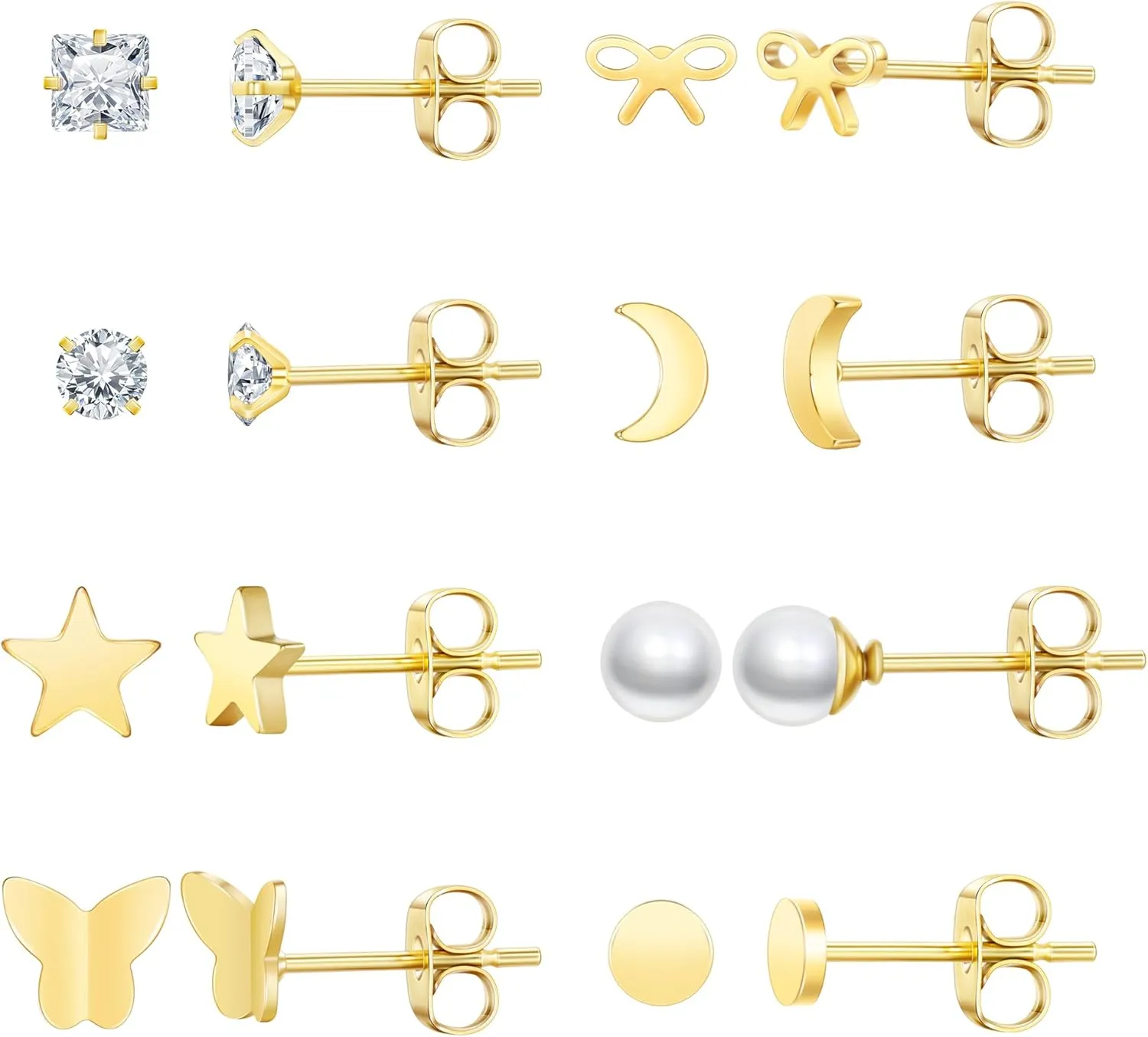 8 Pairs 14K Gold Stud Earrings Set, Titanium Surgical Steel Stud Earrings for Multiple Piercing Hypoallergenic Earrings Flower Heart Ball Cubic Zirconia Studs for Women