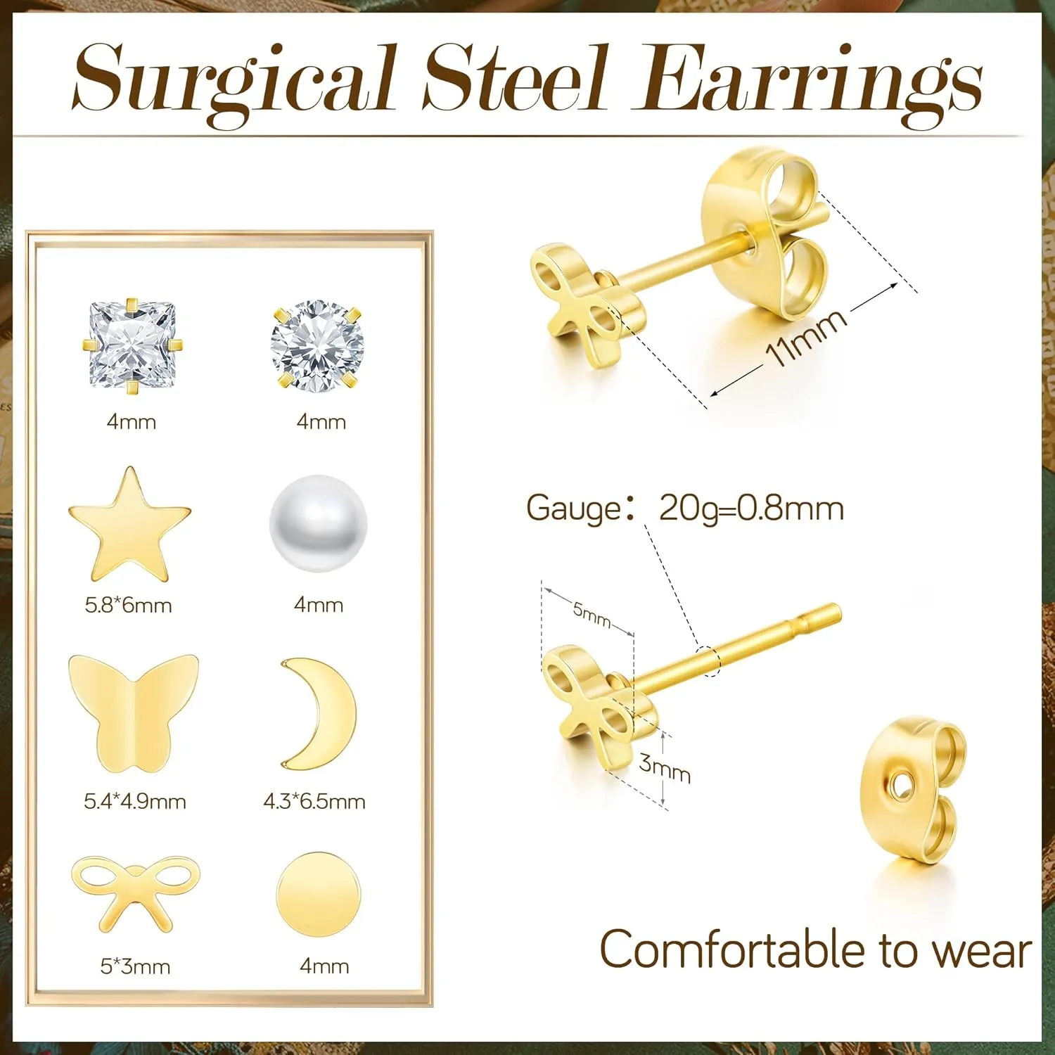 8 Pairs 14K Gold Stud Earrings Set, Titanium Surgical Steel Stud Earrings for Multiple Piercing Hypoallergenic Earrings Flower Heart Ball Cubic Zirconia Studs for Women