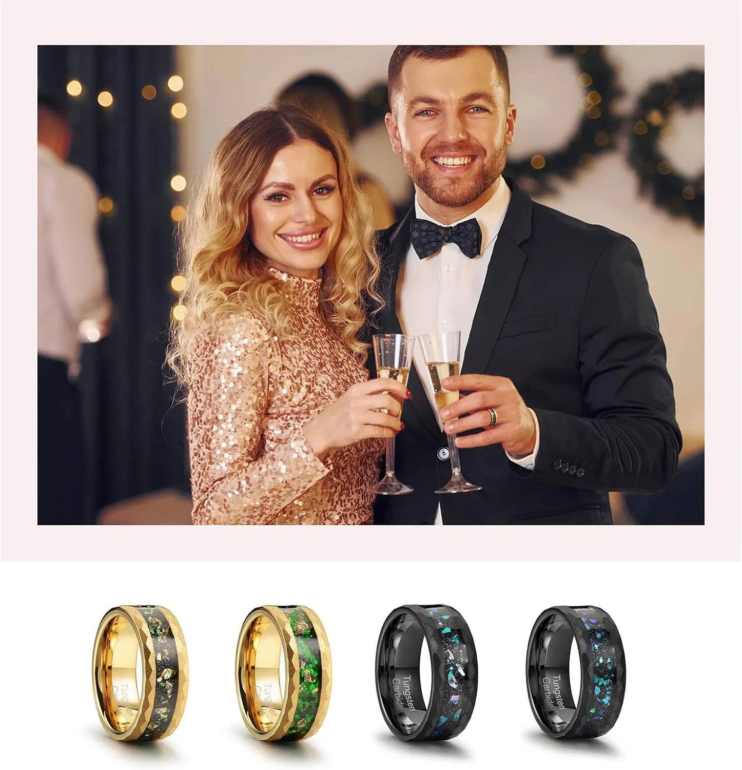 8mm Men's Tungsten Carbide Ring Gold/Black Hammered Meteorite Shavings Gold Foil Inlay Galaxy Nebula Green Opal Engagement Wedding Ring Matte Finish Comfortable Fit
