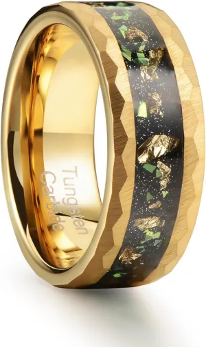 8mm Men's Tungsten Carbide Ring Gold/Black Hammered Meteorite Shavings Gold Foil Inlay Galaxy Nebula Green Opal Engagement Wedding Ring Matte Finish Comfortable Fit